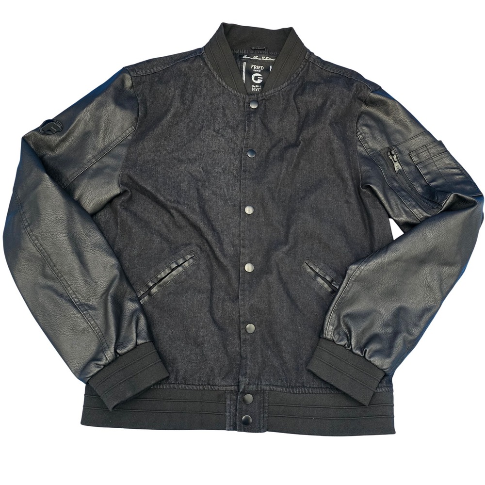 Fried Denim NYC Bomber Jacket Black Denim Faux Leather Sleeves Mens
